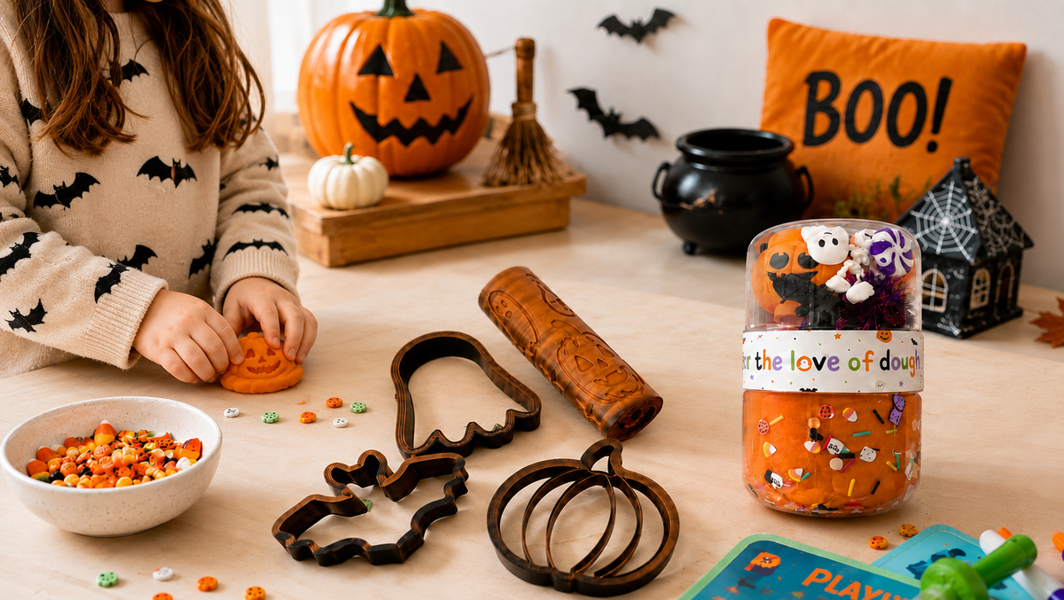 A child's hands and partial body are visible on the left, working with orange candy in a Halloween-themed setting. In the foreground, a clear plastic jar filled with orange candy and decorated with a white band reading 'the love of dave' sits beside metal cookie cutters shaped like a ghost, pumpkin, and cat.